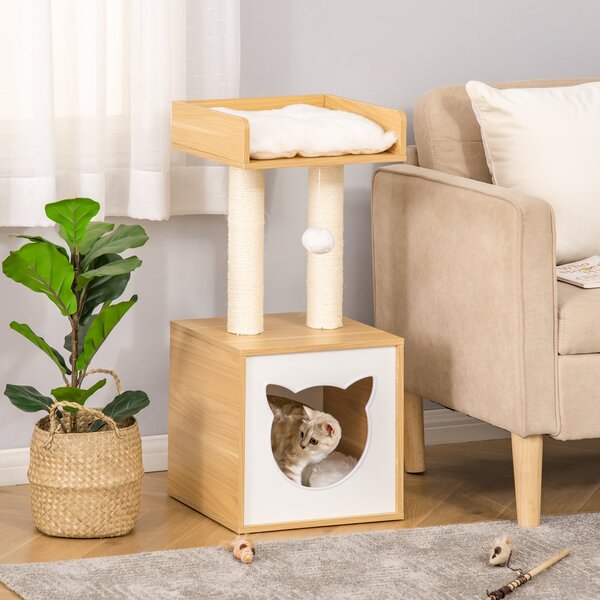 PawHut Căsuță Elegantă pentru Pisici, Design Modern Stejar și Alb, 35x35x81cm | Aosom Romania