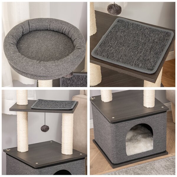 PawHut Arbore de Zgâriat pentru Pisici, 104 cm, Cușcă, Pătuț, Stâlpi din Sisal, Perne Lavabile, Gri | Aosom Romania