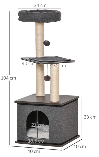 PawHut Arbore de Zgâriat pentru Pisici, 104 cm, Cușcă, Pătuț, Stâlpi din Sisal, Perne Lavabile, Gri | Aosom Romania