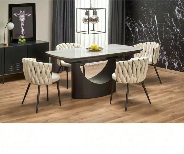 Scaun dining modern K516, bej/negru, stofa clasica/otel, 57x60x79 cm