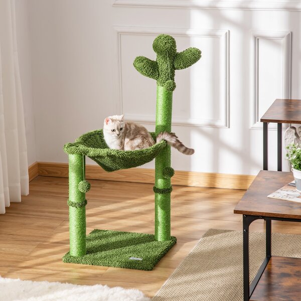 PawHut Centru de Activități pentru Pisici în Formă de Cactus, Zona de Joacă și Odihnă, 40x40x96cm, Verde | Aosom Romania