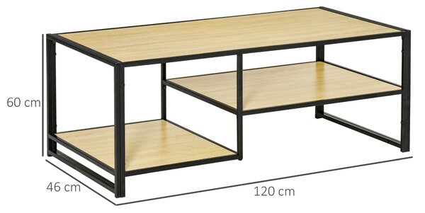 Masuta de Cafea Stil Industrial cu 3 Etajere, Masuta de Sufragerie Joasa din Lemn si Otel, Stejar 120x60x46cm HOMCOM | Aosom Romania