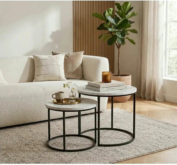 Set 2 masute cafea OREO, alb cu efect de marmura/negru