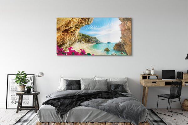 Tablouri pe sticlă Grecia Coast stânci flori