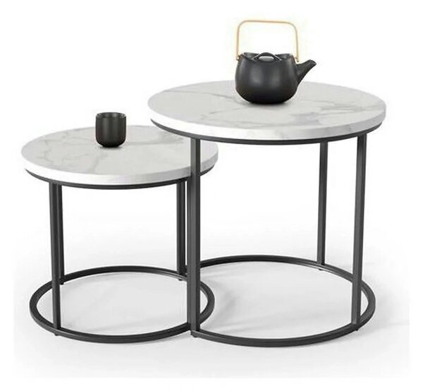 Set 2 masute cafea OREO, alb cu efect de marmura/negru