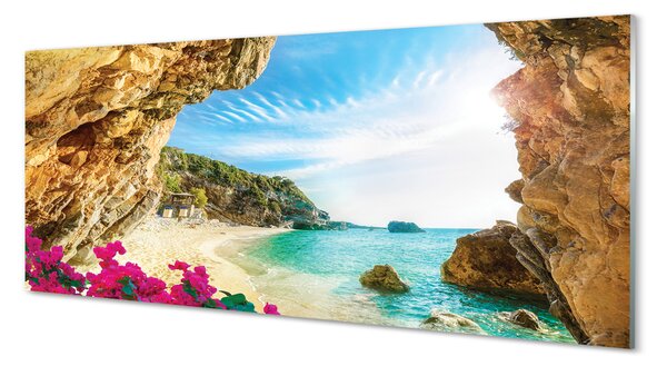 Tablouri pe sticlă Grecia Coast stânci flori
