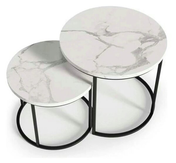 Set 2 masute cafea OREO, alb cu efect de marmura/negru