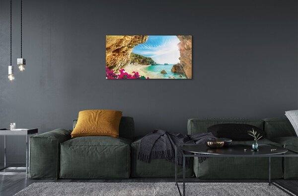 Tablouri pe sticlă Grecia Coast stânci flori