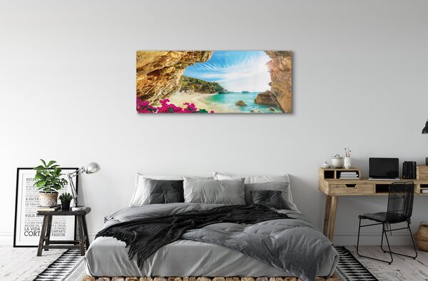 Tablouri pe sticlă Grecia Coast stânci flori