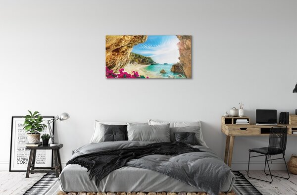 Tablouri pe sticlă Grecia Coast stânci flori