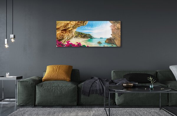 Tablouri pe sticlă Grecia Coast stânci flori
