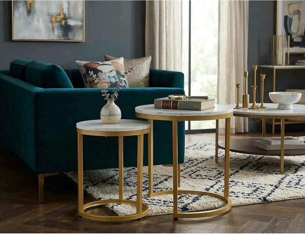 Set 2 masute cafea HOLA, alb cu efect de marmura/auriu, PAL laminat/ot