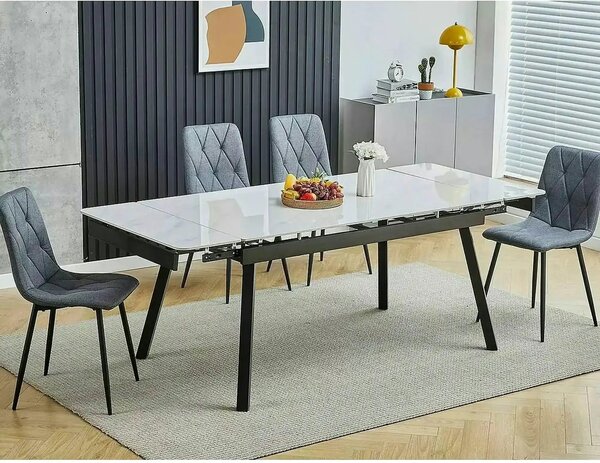 Masa extensibila JOHN, crem cu efect de marmura/negru mat, ceramica/me