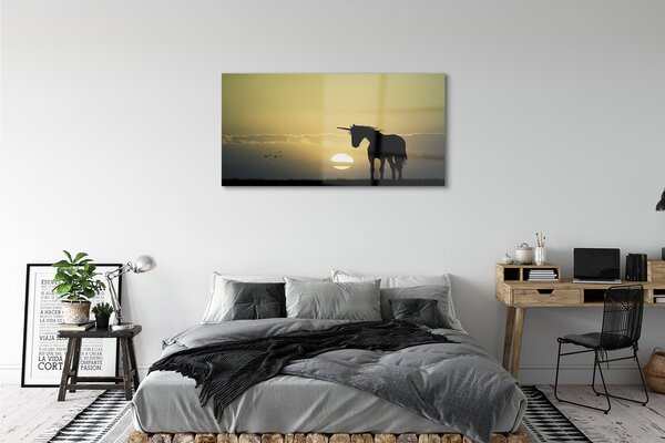 Tablouri pe sticlă Câmp apus de soare unicorn