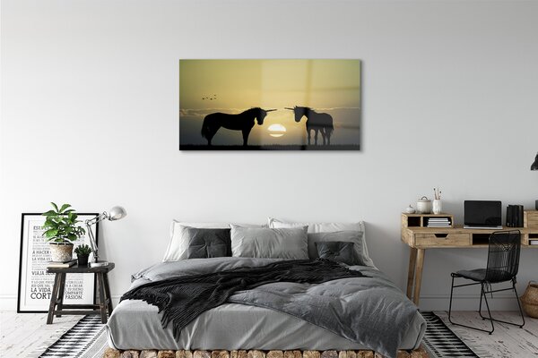 Tablouri pe sticlă Câmp unicorni apus de soare