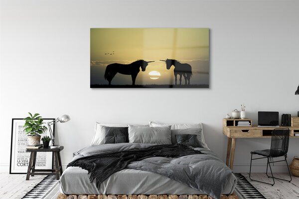 Tablouri pe sticlă Câmp unicorni apus de soare