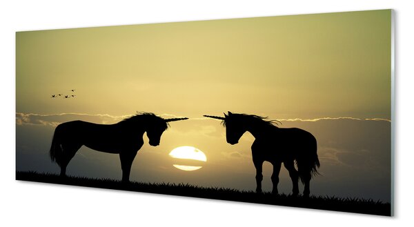 Tablouri pe sticlă Câmp unicorni apus de soare