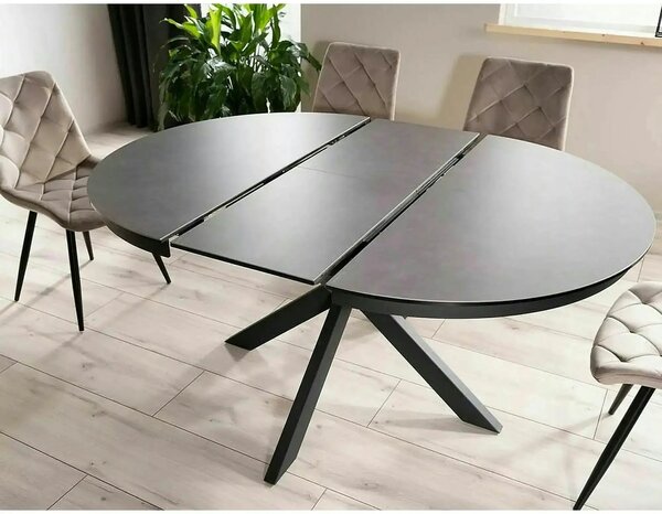 Masa rotunda extensibila 120 cm PORTO, gri inchis/negru mat, sticla se