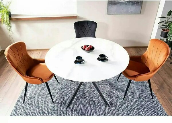 Masa TALIA, alb cu efect de marmura/negru mat, ceramica/metal, 90x90x7