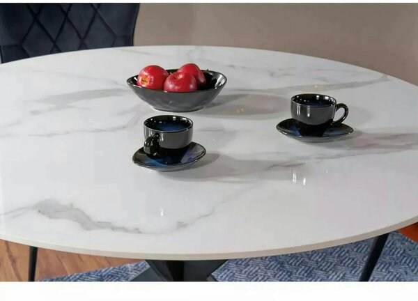 Masa TALIA, alb cu efect de marmura/negru mat, ceramica/metal, 120x120