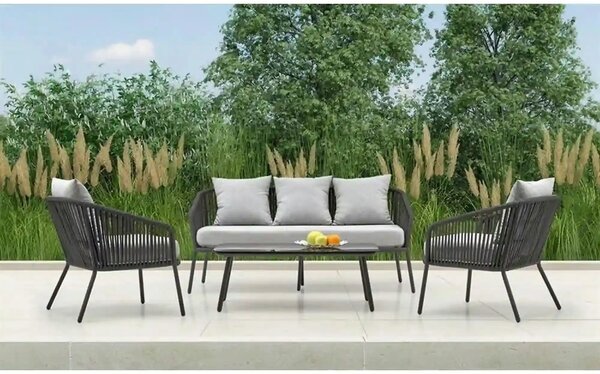 Set gradina ROCCA, gri, sticla/otel/stofa, cu masuta, 2 scaune si cana