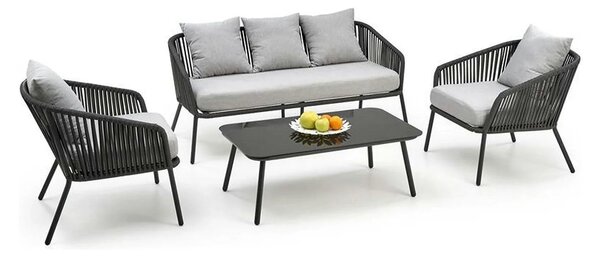 Set gradina ROCCA, gri, sticla/otel/stofa, cu masuta, 2 scaune si cana