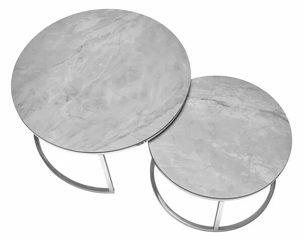 Set 2 masute cafea PORTAFINO B, gri cu efect de marmura/crom, ceramica