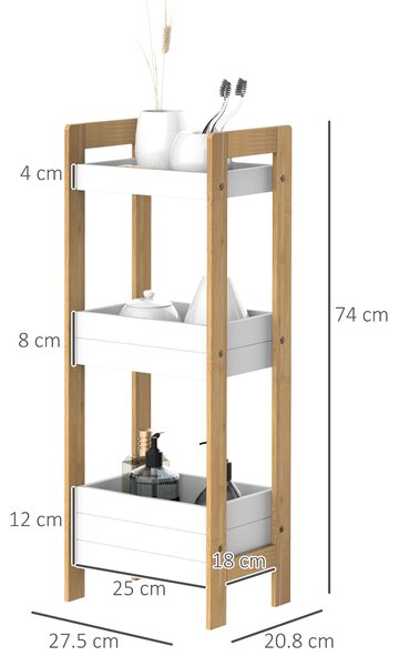 HOMCOM Dulapior Compact Baie, Raft Multifuncțional cu 3 Etajere, din MDF și Bambus, 27.5x20.8x74 cm, Alb | Aosom Romania