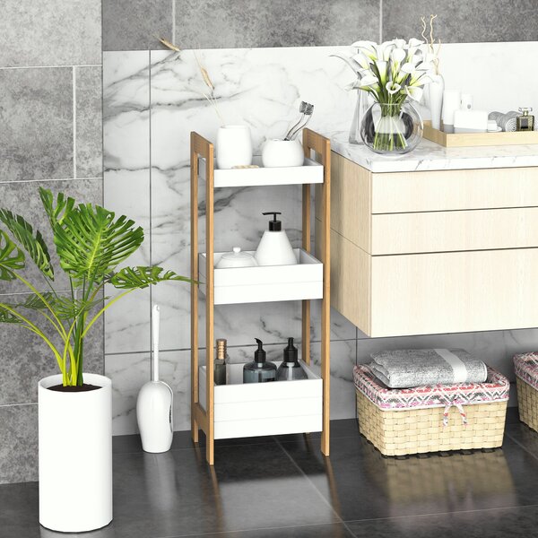 HOMCOM Dulapior Compact Baie, Raft Multifuncțional cu 3 Etajere, din MDF și Bambus, 27.5x20.8x74 cm, Alb | Aosom Romania