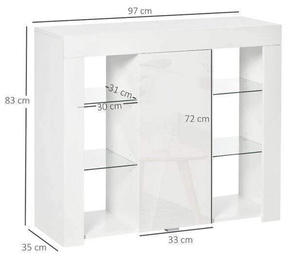 HOMCOM Bufet Modern cu Usa si Lumini LED cu Finisaj Lucios si Rafturi din Sticla, Dulap Mutifunctional 97x35x83cm, Alb Modern | Aosom Romania