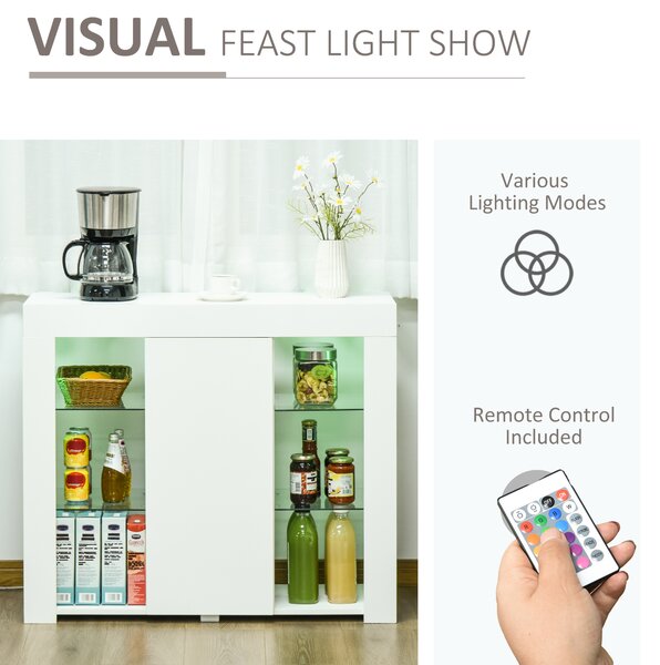 HOMCOM Bufet Modern cu Usa si Lumini LED cu Finisaj Lucios si Rafturi din Sticla, Dulap Mutifunctional 97x35x83cm, Alb Modern | Aosom Romania