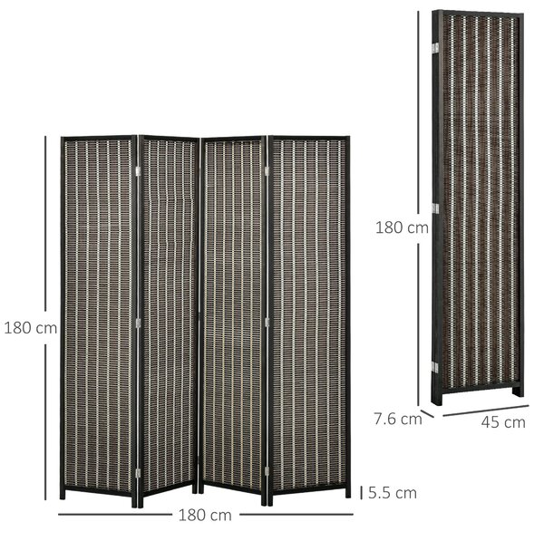 HOMCOM Paravan Separare Spațiu, 4 Panouri, Lemn și Bambus, 180x180x1.9cm, Negru și Maro | Aosom Romania