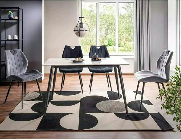 Masa RION, alb cu efect de marmura/negru mat, ceramica/metal, 130x70x7