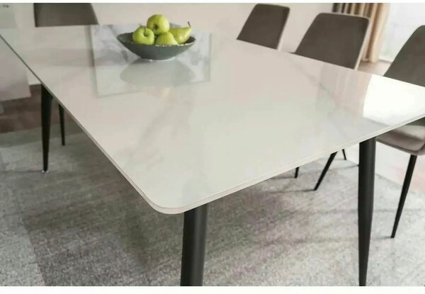 Masa RION, alb cu efect de marmura/negru mat, ceramica/metal, 130x70x7
