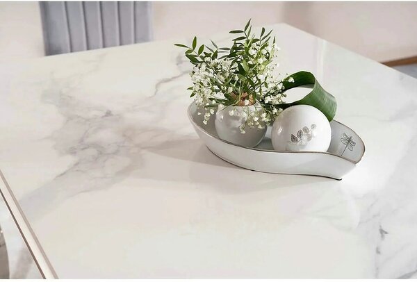 Masa PRINCE, alb cu efect de marmura/crom, ceramica/metal, 150x90x75 c