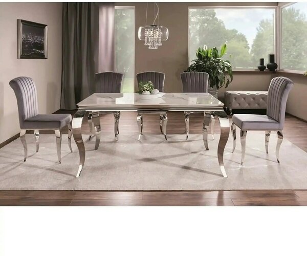 Masa PRINCE, alb cu efect de marmura/crom, ceramica/metal, 150x90x75 c