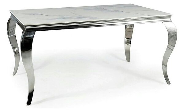 Masa PRINCE, alb cu efect de marmura/crom, ceramica/metal, 150x90x75 c