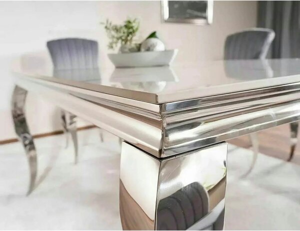 Masa PRINCE, alb cu efect de marmura/crom, ceramica/metal, 150x90x75 c