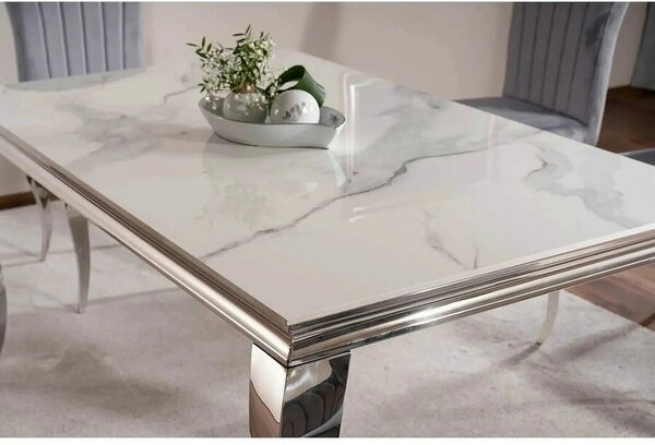 Masa PRINCE, alb cu efect de marmura/crom, ceramica/metal, 150x90x75 c