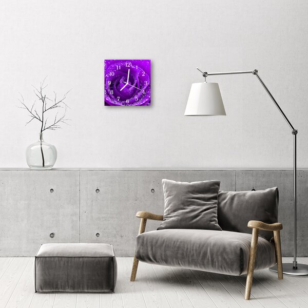 Ceas de perete din sticla pătrat Rose Flori & Plante Purple