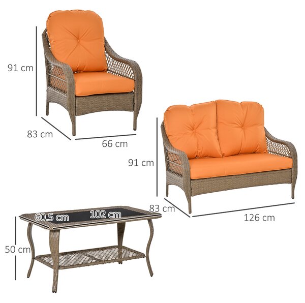 Set Mobilier de Gradina Outsunny, Ratan PE, 2 fotolii si Masa cu Perne, Kaki, Portocaliu | Aosom Romania