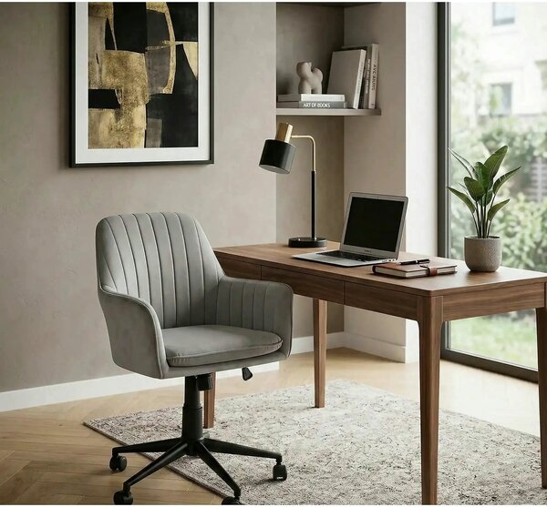 Scaun birou moale Q-886, gri deschis, stofa catifelata/metal, 58x44x83