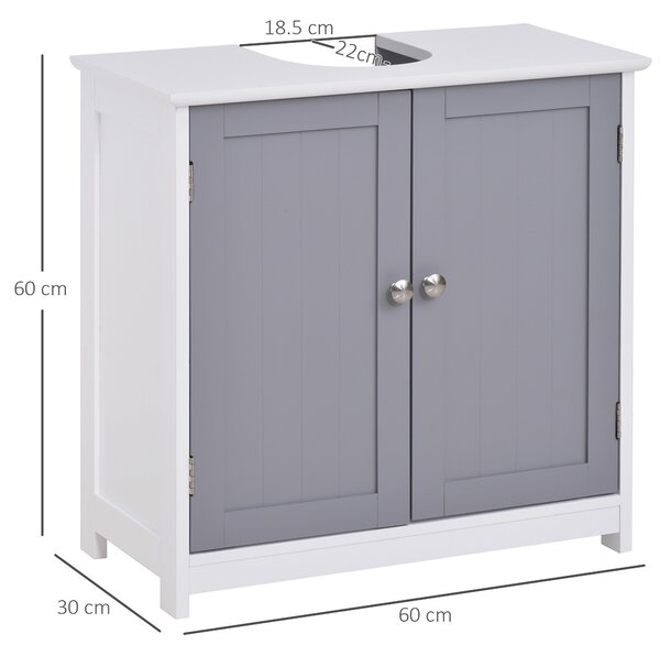 Kleankin Dulap Sub Chiuvetă Baie U-Shape 2 Uși Etajeră Reglabilă MDF Alb Gri 60x30x60cm | Aosom Romania
