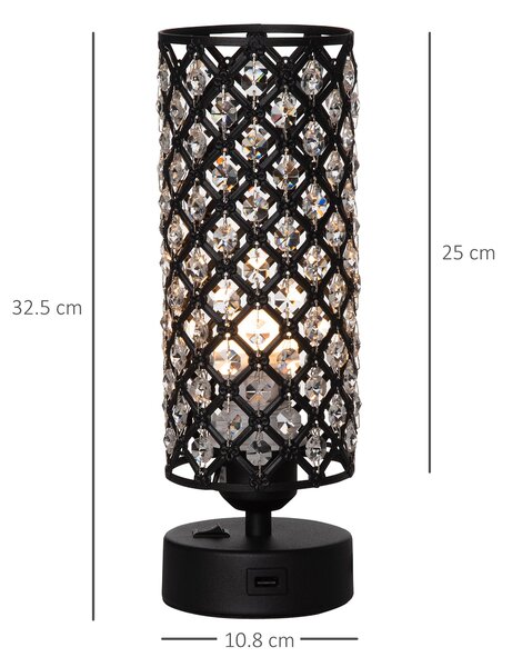 HOMCOM Lampa de Masa Eleganta cu Abajur din Cristal si 2 Porturi USB, Lumina Reglabila Touch, Design Modern, Ф10,8x30 cm, Negru | Aosom Romania