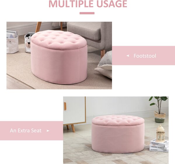 Puf HOMCOM Container cu Capac Matlasat, Suport Picioare Catifea Oval, Mobilier Living Dormitor, Roz | Aosom Romania
