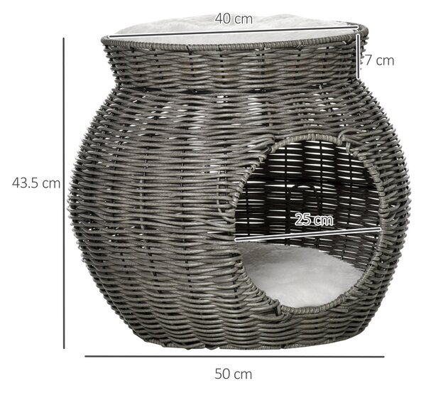 PawHut Coș pentru Pisici din Rattan PE cu 2 Niveluri, Zonă de Zgâriat și Cușcă, Perne de Plus Lavabile, Diametru Φ50x43.5cm, Gri Închis | Aosom Romania