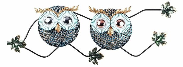 Decoratiune perete OWL 3, abastru/auriu, metal, 77x28 cm