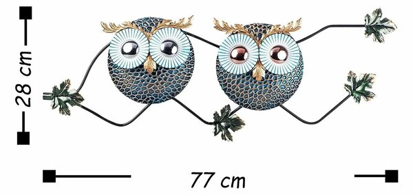Decoratiune perete OWL 3, abastru/auriu, metal, 77x28 cm