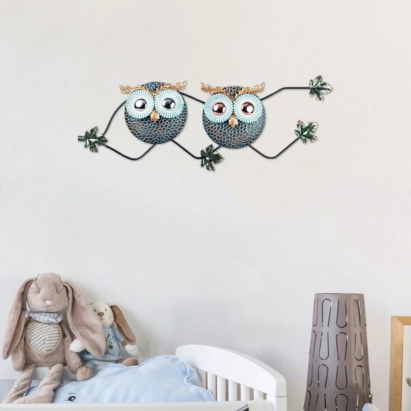 Decoratiune perete OWL 3, abastru/auriu, metal, 77x28 cm