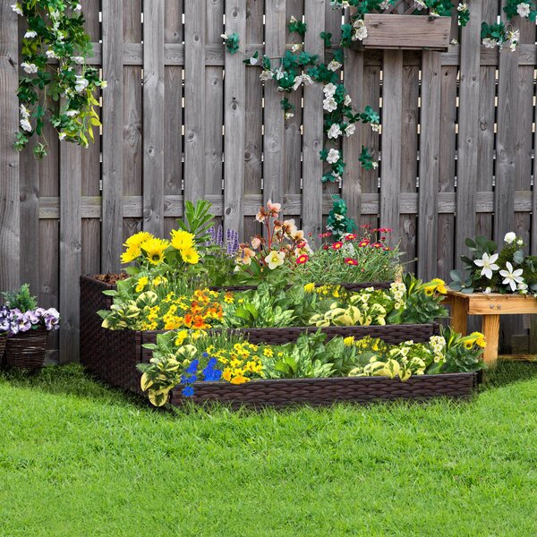 Pat de Gradina Inaltat Outsunny cu 3 Niveluri, Jardiniera din Ratan Sintetic, 120x120x40cm, Gri | Aosom Romania